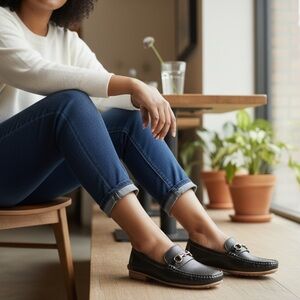Black‎ Leather Loafers with Gold Accents